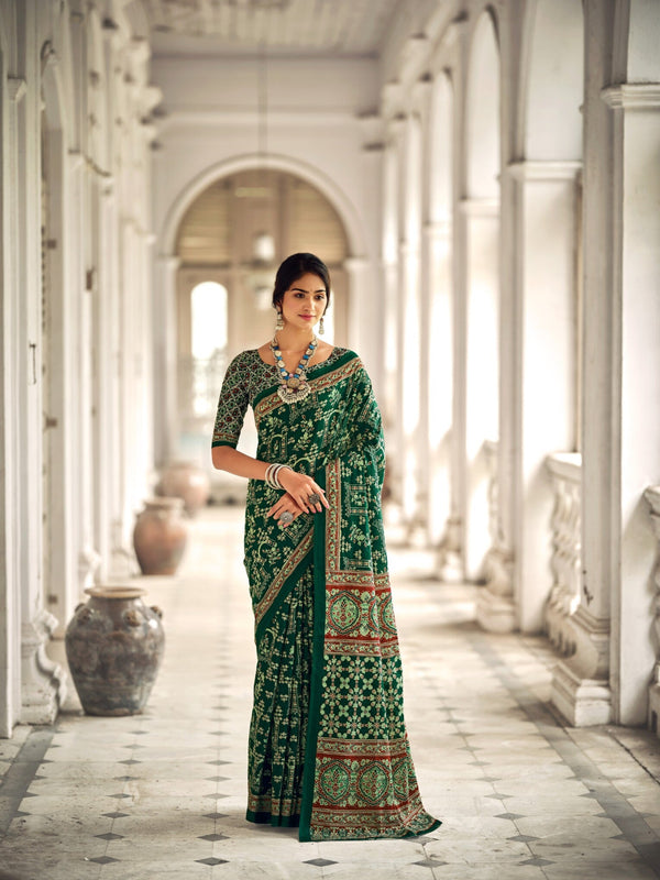 Green Chiffon Floral Zari Embroidered Saree