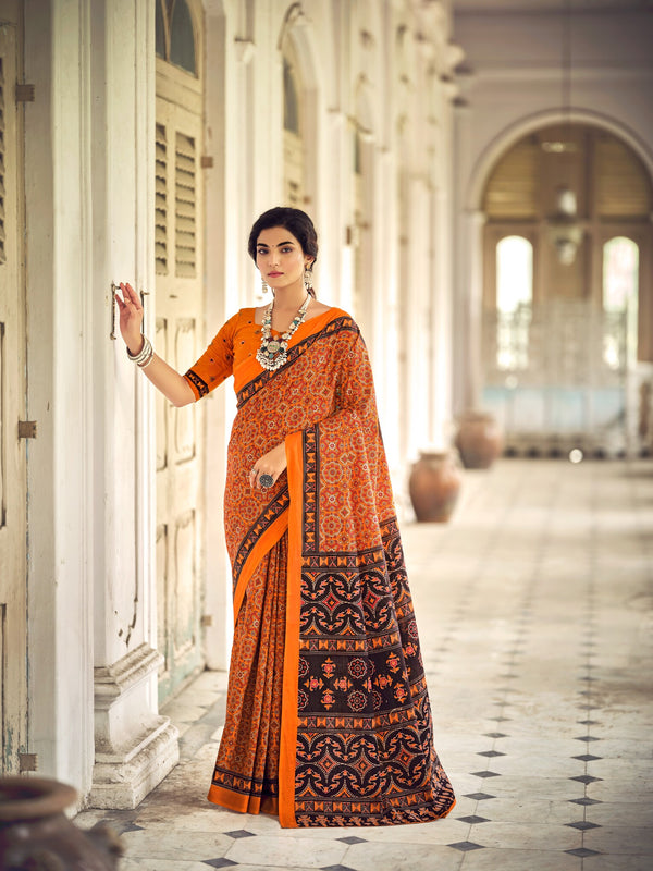 Ajrakh Cotton Saree in Orange