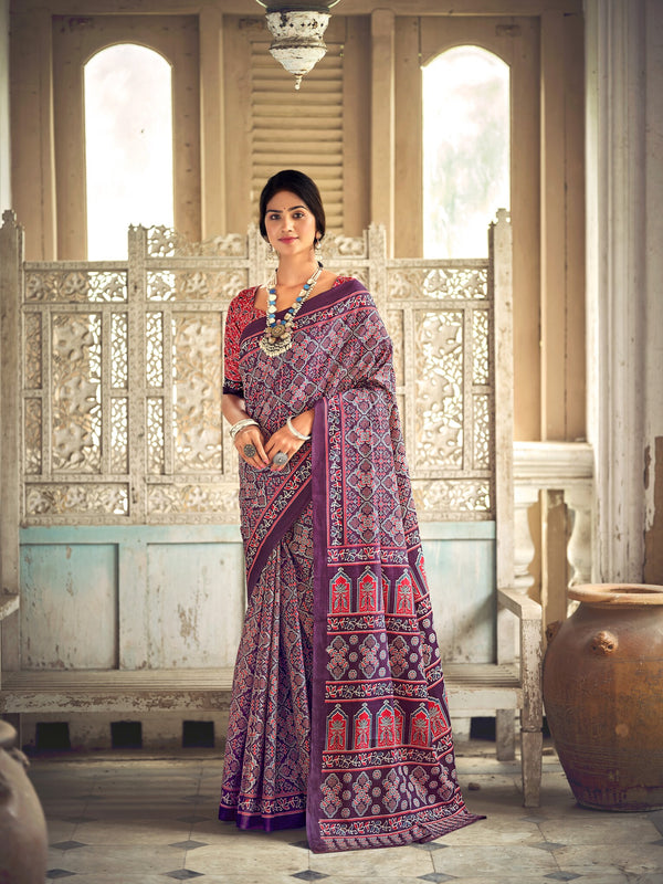 Ajrakh Cotton Saree in Purple