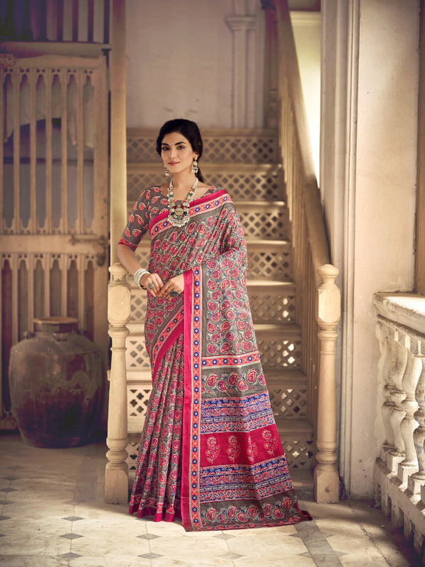 Ajrakh Cotton Saree with Pink Work