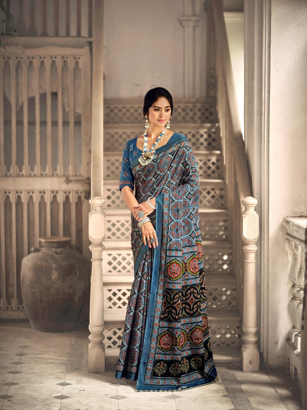 Ajrakh Cotton Saree in Aqua Blue