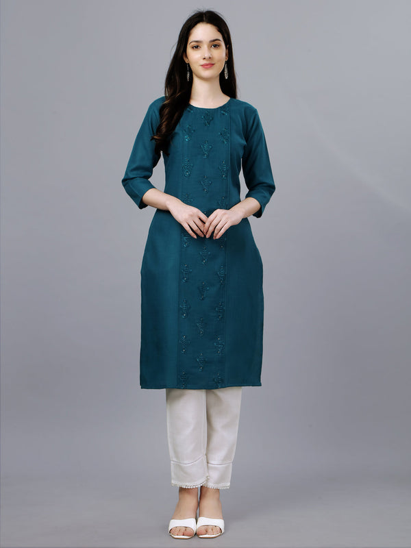 Women's Casual 3/4 Sleeve Embroidery Cotton Kurti(blue)