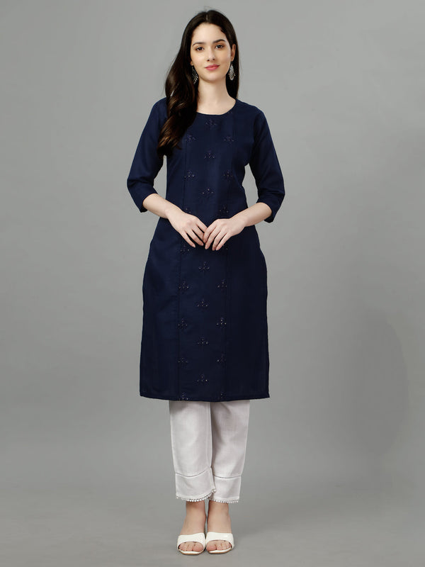 Women's Casual 3/4 Sleeve Embroidery Cotton Kurti(navy blue)