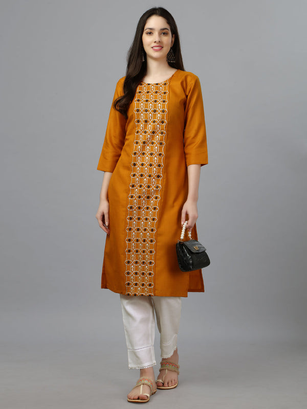 Women’s Casual 3/4 Sleeve Embroidery Cotton Kurti – Mustard