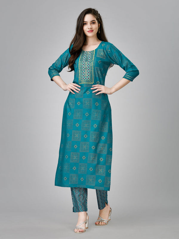 Sleeve Floral Printed Poly Silk Kurti and Pant Set