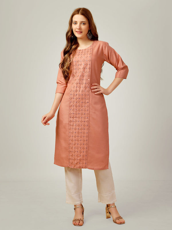 Women's Premium 3/4th Sleeve Embroidery Rayon Kurti Pant Set(gajri)