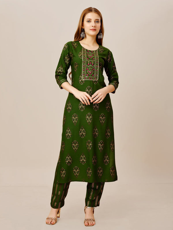 Stylish Fully Stitched Green Rayon Kurti Pant Set with Embroidery