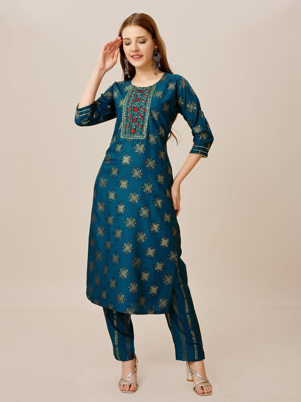 Navy Blue Rayon Kurti Pant Set with Embroidery