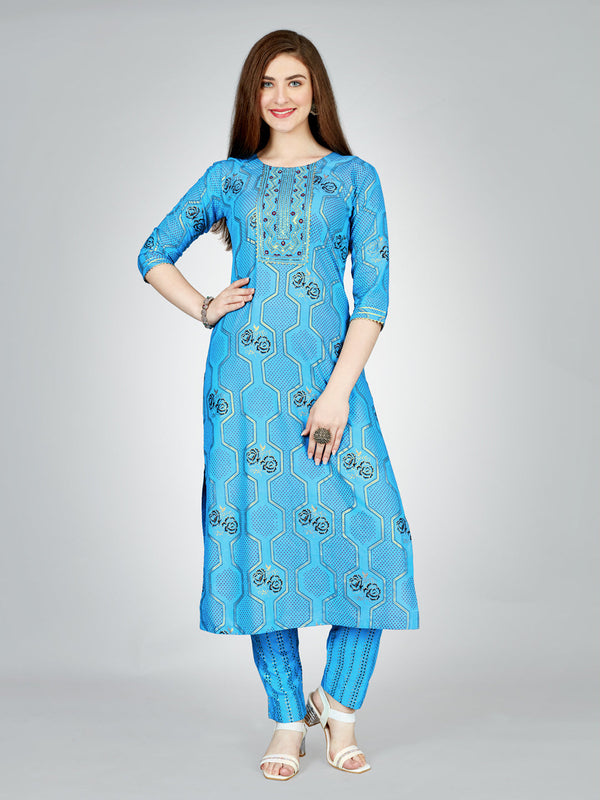 Women's Casual 3/4 Sleeve Embroidery Rayon Kurti Pant Set