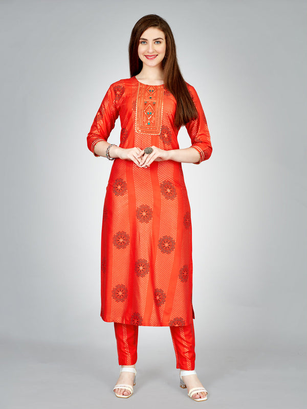 Stylish Fully Stitched Orange Rayon Kurti Pant Set with Embroidery