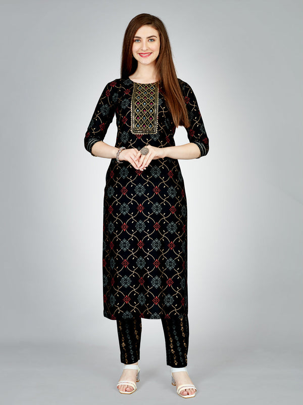 Women Viscose Rayon Kurta Pant Set(black)