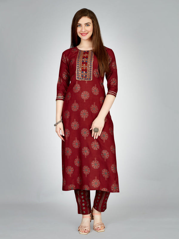 Stitched Rayon Kurti Pant Set with Embroidery(marron)