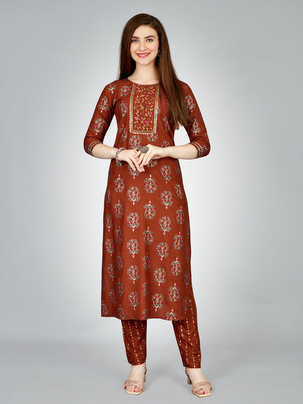 Stitched Rayon Kurti Pant Set with Embroidery