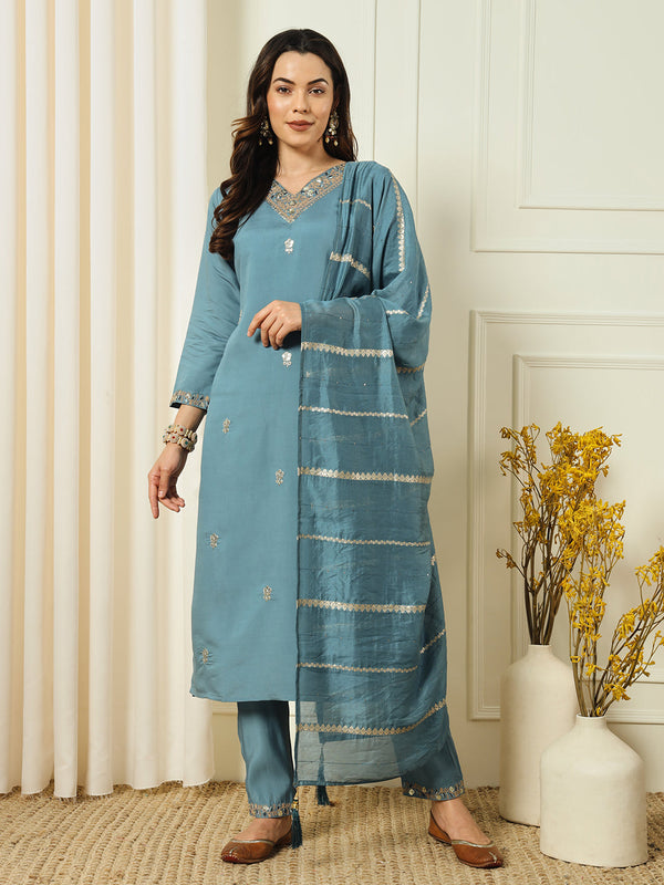 Heavy Embroidered Kurta with Pant & Cotton Silk Dupatta Set