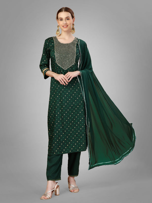 Rayon Green Anarkali Kurta Pant Dupatta Set