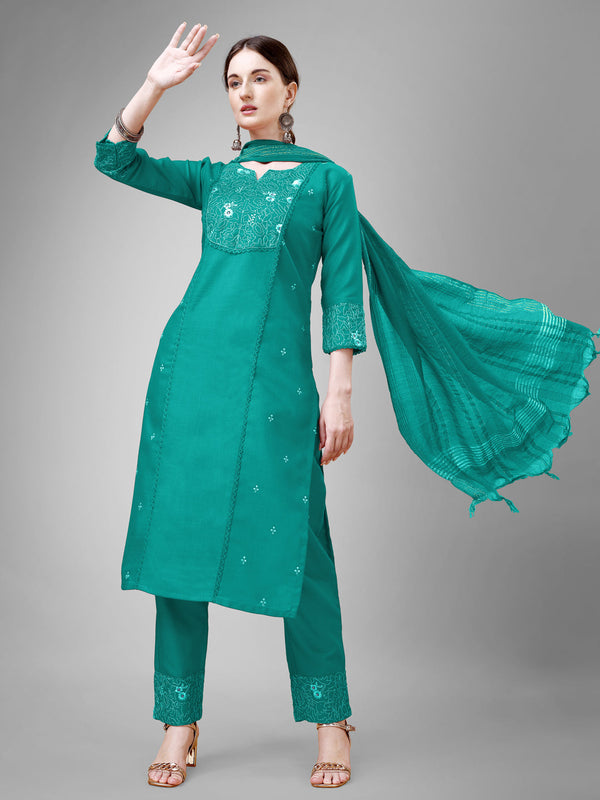 Women Embroidered Cotton Blend Kurta Pant Dupatta Set