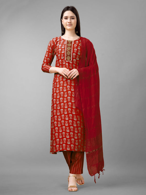 Embroidered Rayon Kurti, Pant, and Dupatta Set