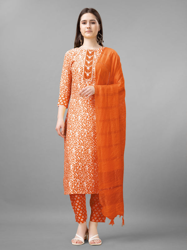 Women's Orange Embroidered Rayon Kurti, Pant, and Dupatta Set