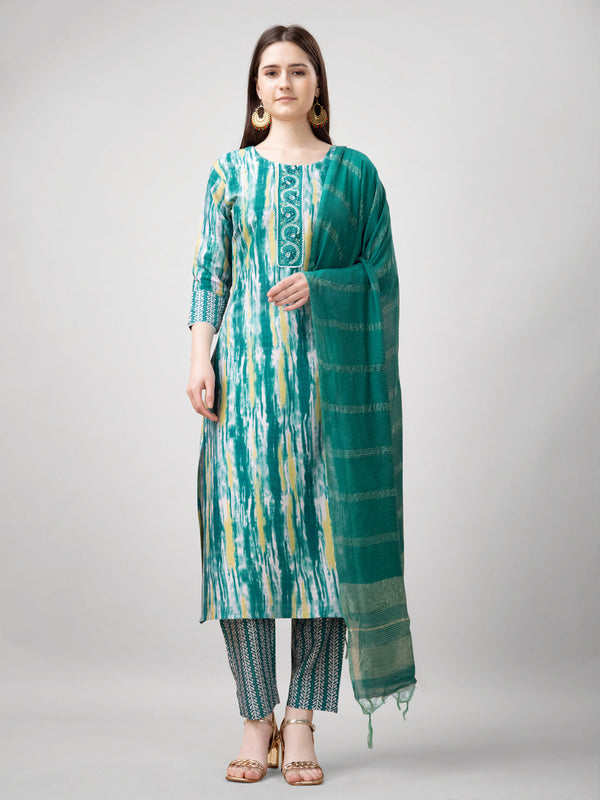 Stitched Rayon Kurta Pant Dupatta Set with Embroidery