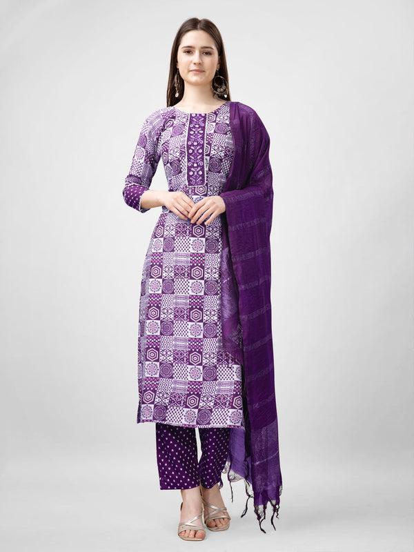 Pure Cambric Cotton Floral Jaipuri Printed & Embroidered Kurta Set with Dupatta