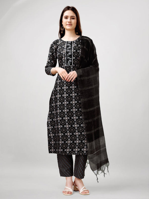 Black Crepe Straight Kurta, Pant, and Dupatta Set