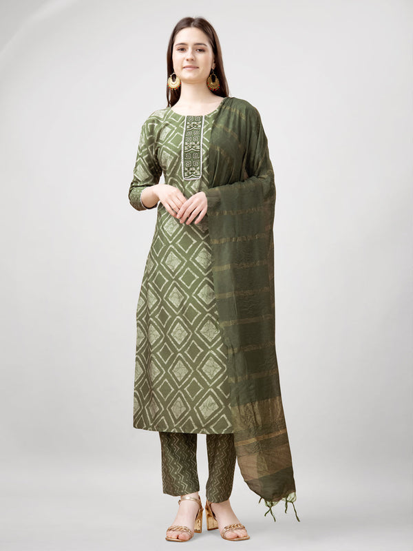 Women’s Cotton Bandhani Straight Kurta, Pant, and Dupatta Set