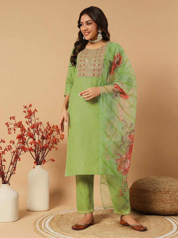 Embroidered Work Kurta with Pant & Organza Print Dupatta Set