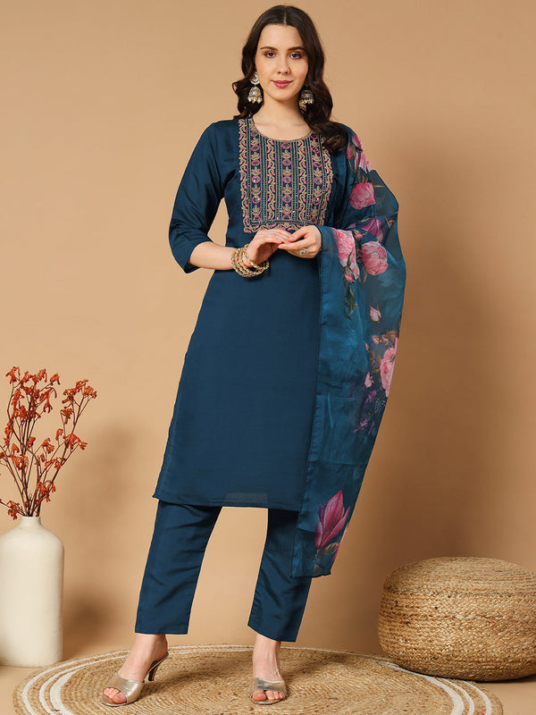 Silk Embroidered Kurta with Pant and Chiffon Dupatta Set