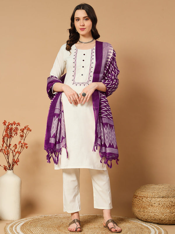 Cotton Blend Straight Embroidered Printed Kurta Pant and Dupatta Set