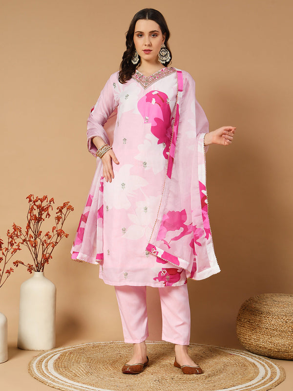 White and pink Embellished Kurta with Palazzo Set