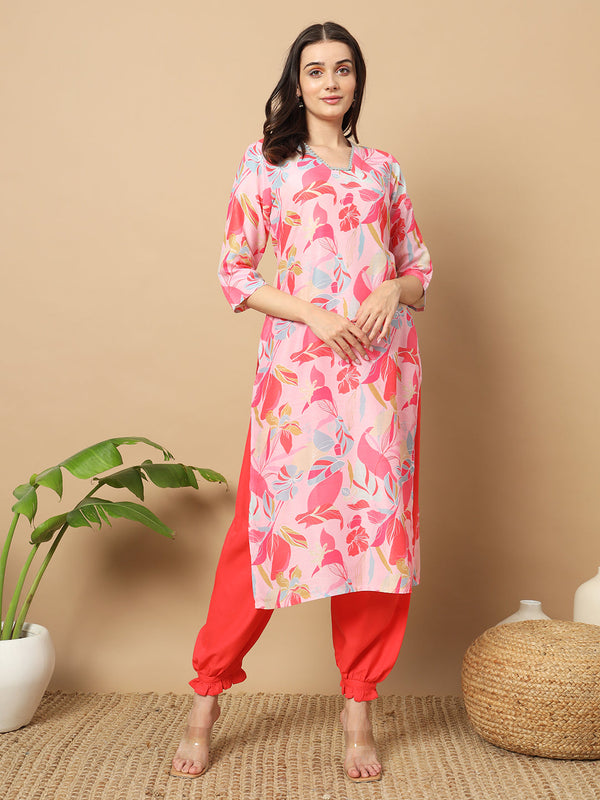 Muslin Digital Print Kurta with Heavy Crepe Pant Set(flower pink)