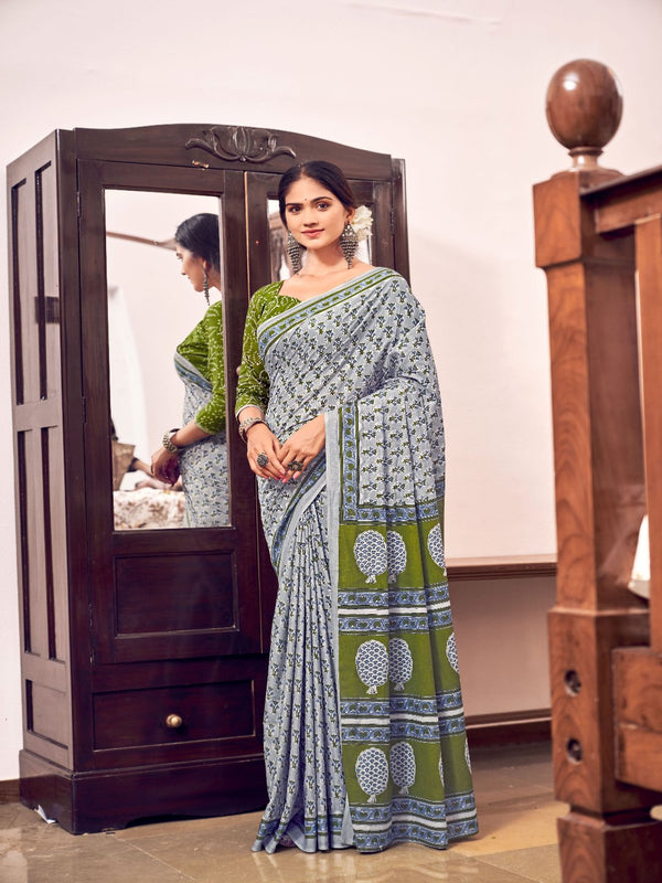 Green Mulmul Cotton Saree