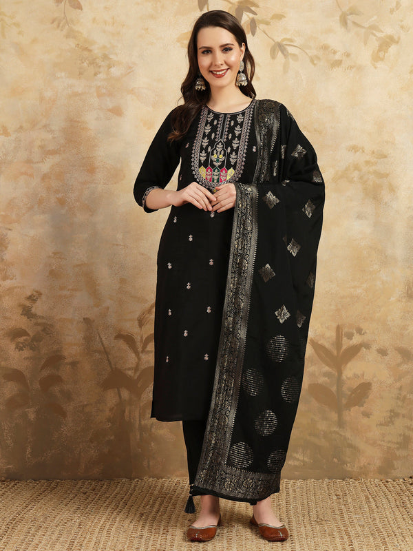 Women Silk Blend Kurta, Pant & Dupatta Set – Luxurious & Elegant(black)