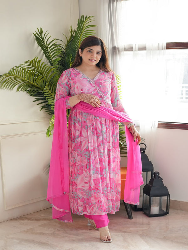 Pink Mirror Work Embellished Kurta with Bottom & Dupatta Set – Radiant & Glamorous