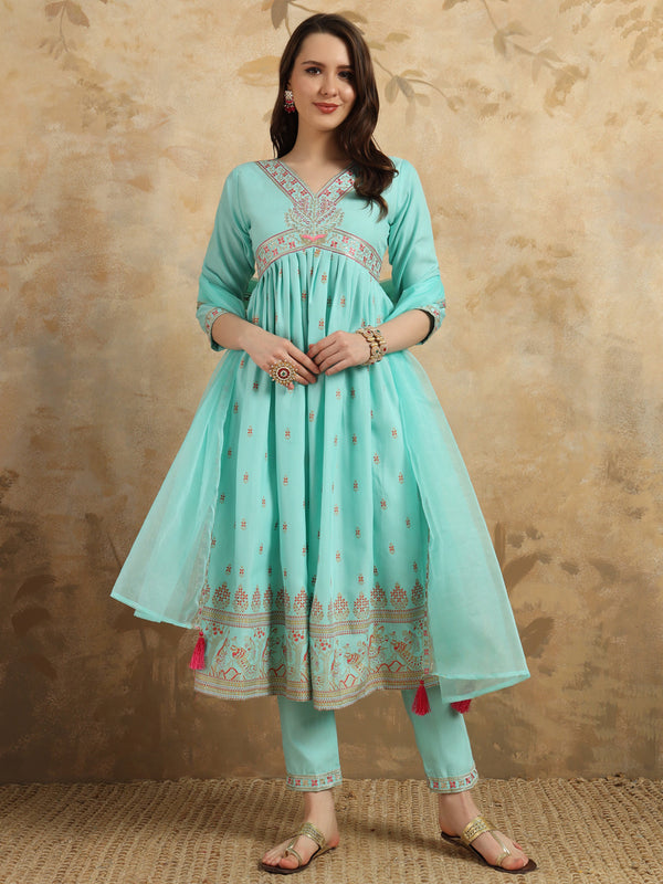 Sky Rayon Slub Embroidered Flared Kurta with Rayon Slub Pant & Organza Laced Dupatta Set (Aqua) – Graceful & Breezy