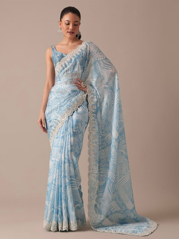 Blue Satin Saree With Printed Detail and Unstitched Blouse Piece