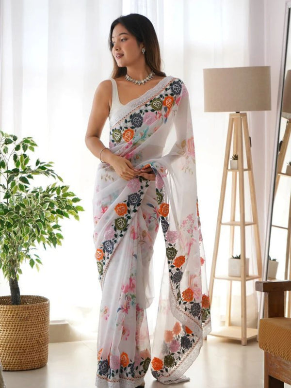 Women's Heavy Georgette White Saree with Floral Digital Print and Sequins Embroidery C-Pallu Work