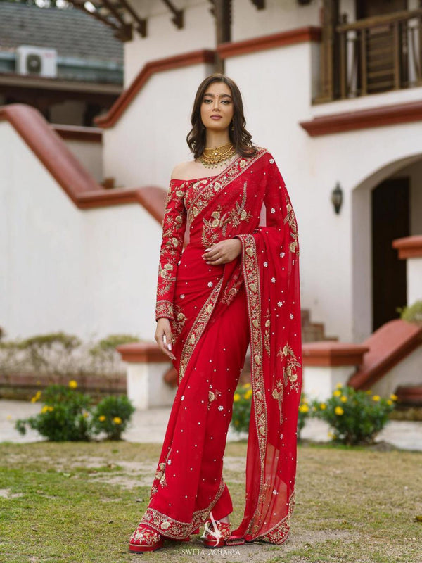 Royalstyle Saree For Women Faux Georgette Fabric Saree with All Over Embroidery Zari & Sequins Moti Work with Belt Red Saree