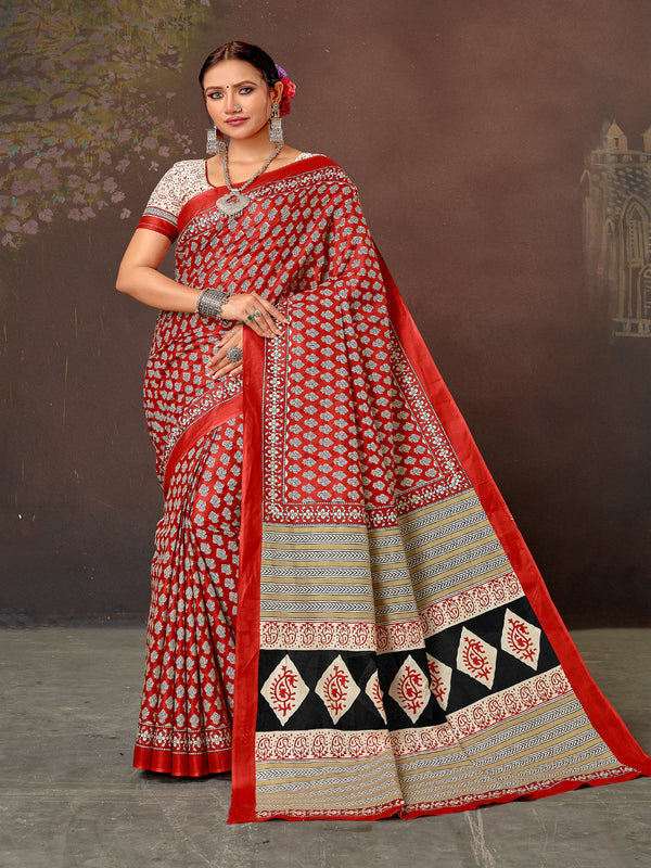 Red Batik Print Cotton Saree