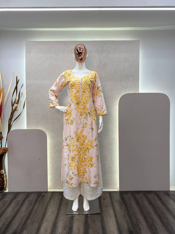 Attractive White and Pink Printed Rayon Kurta