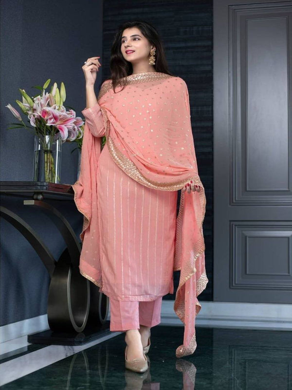 Cotton Blend Women Kurta with Pant Dupatta