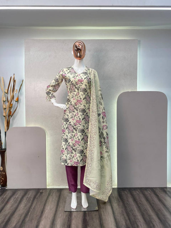 Cream Maslin Floral Printed Salwar Suit