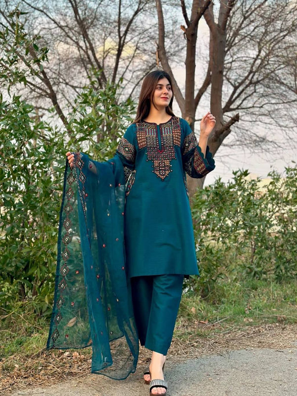 Teal Blue Color Cotton Blend Multi Embroidered Kurta Set with Printed Organza Dupatta