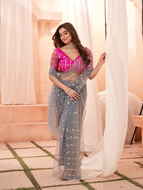 Glamorous Grey Color Heavy Butterfly Net Embroidery Saree