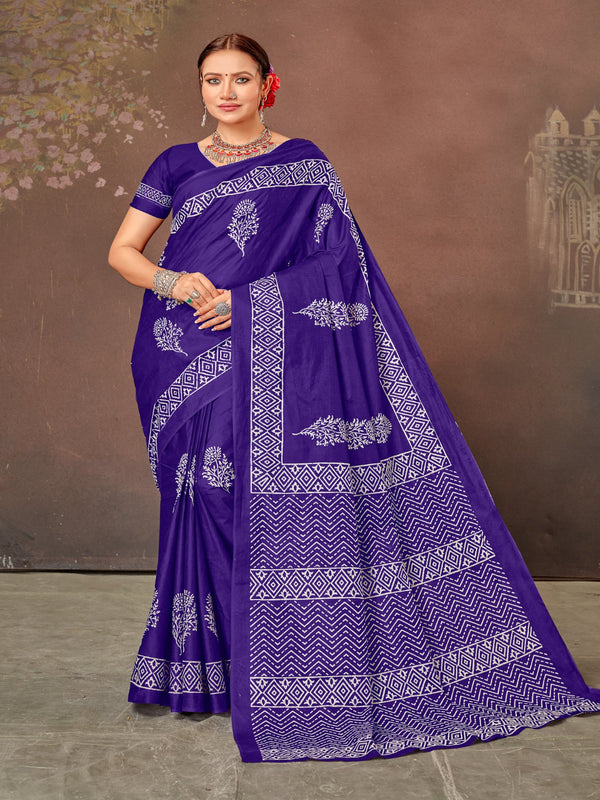 Hand Block Printed Linen Saree in Blue