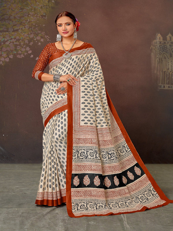 Rani Saahiba Floral Zari Block Print Saree