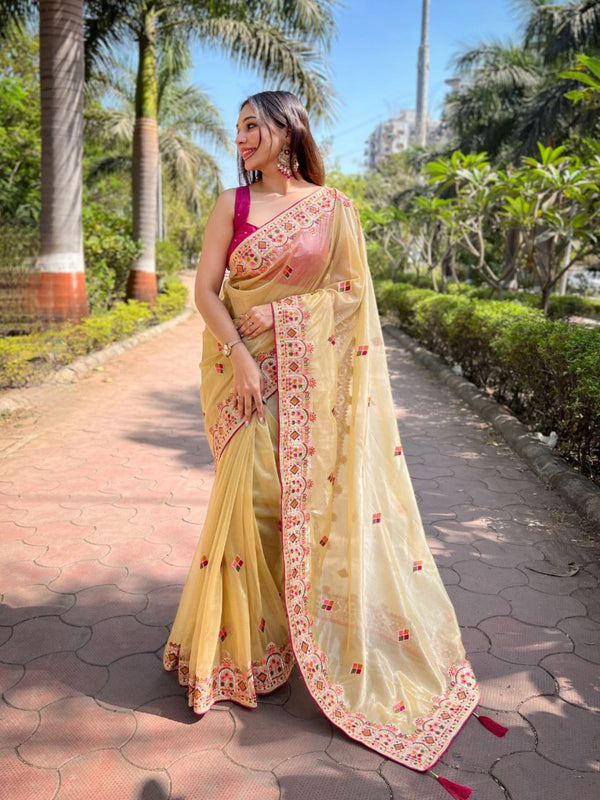 Blonde Yellow Embroidered Tissue Silk Saree