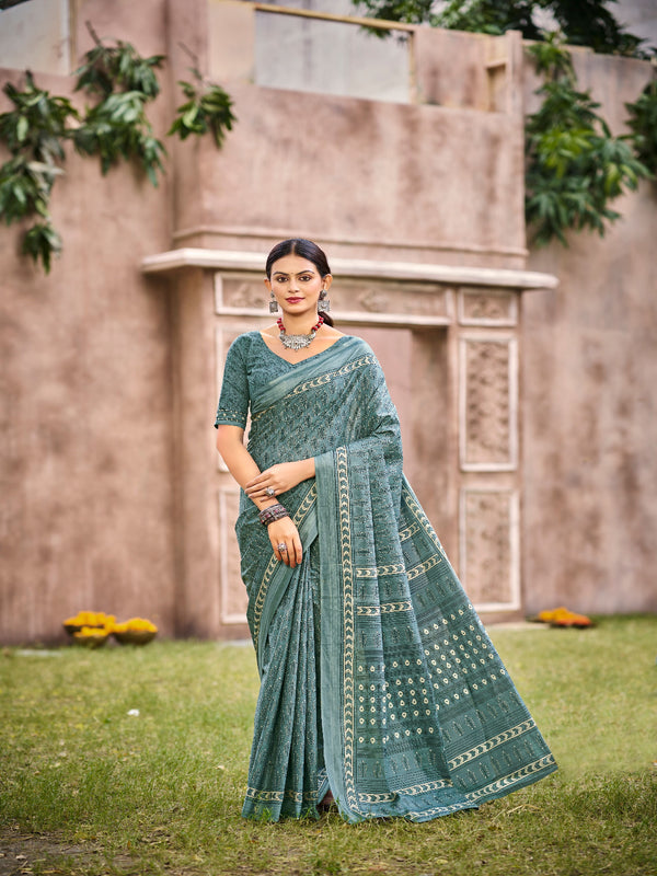 Teal Blue Printed Saree