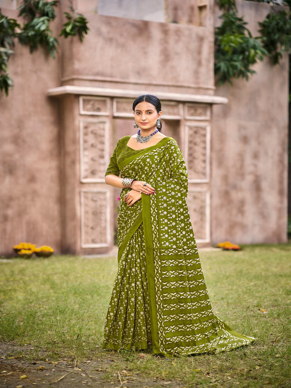 Mul Mul Cotton Saree in Green