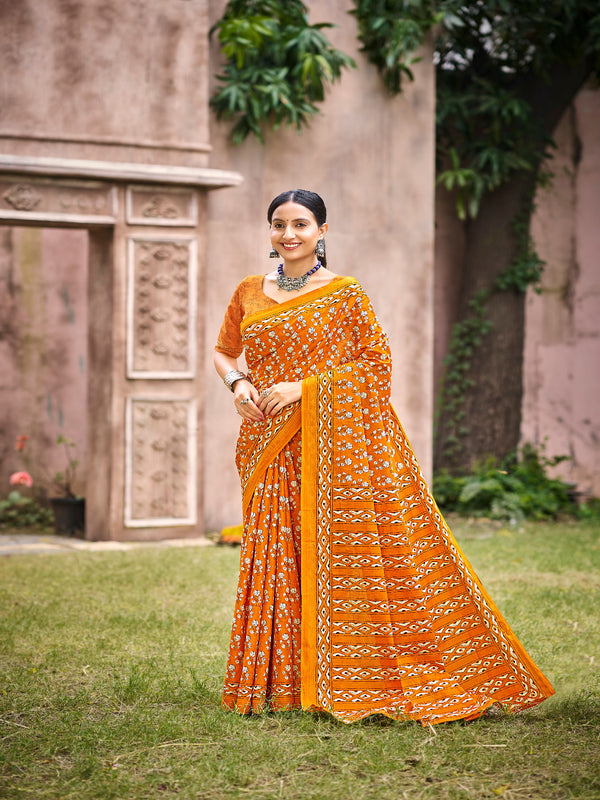 Print Cotton Mulmul Saree orange